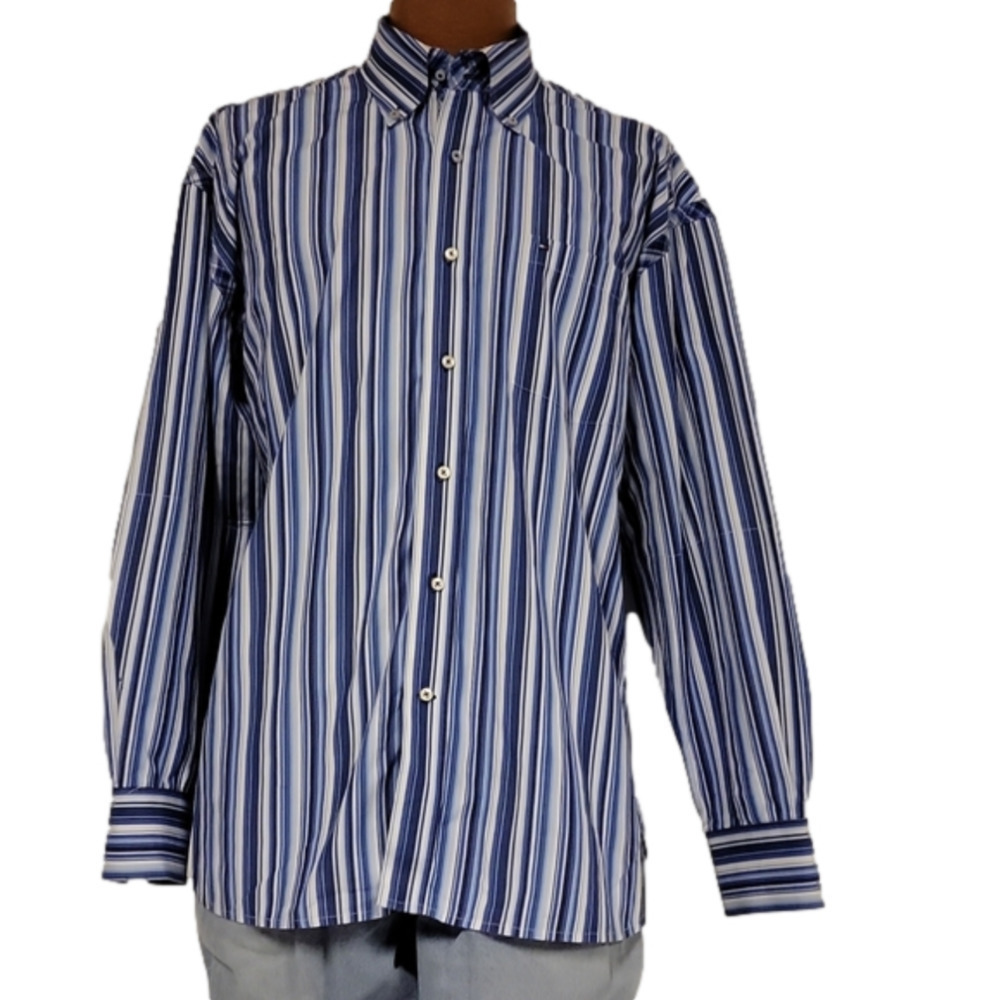 𝅺TOMMY Hilfiger 80s 2 ply fabric pinstriped long sleeve dress shirt size xl